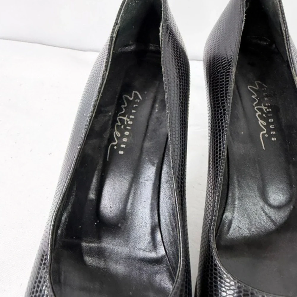 Classiques‎ Entier Black Lizard Embossed Leather Pumps Flared Heel Italy 7M